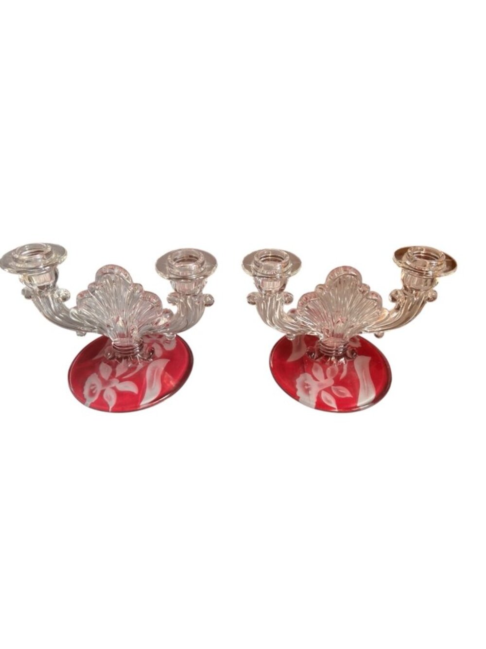 New Martinsville Janice Double Arm Ruby Frosted Floral Glass Candlestick Holders
